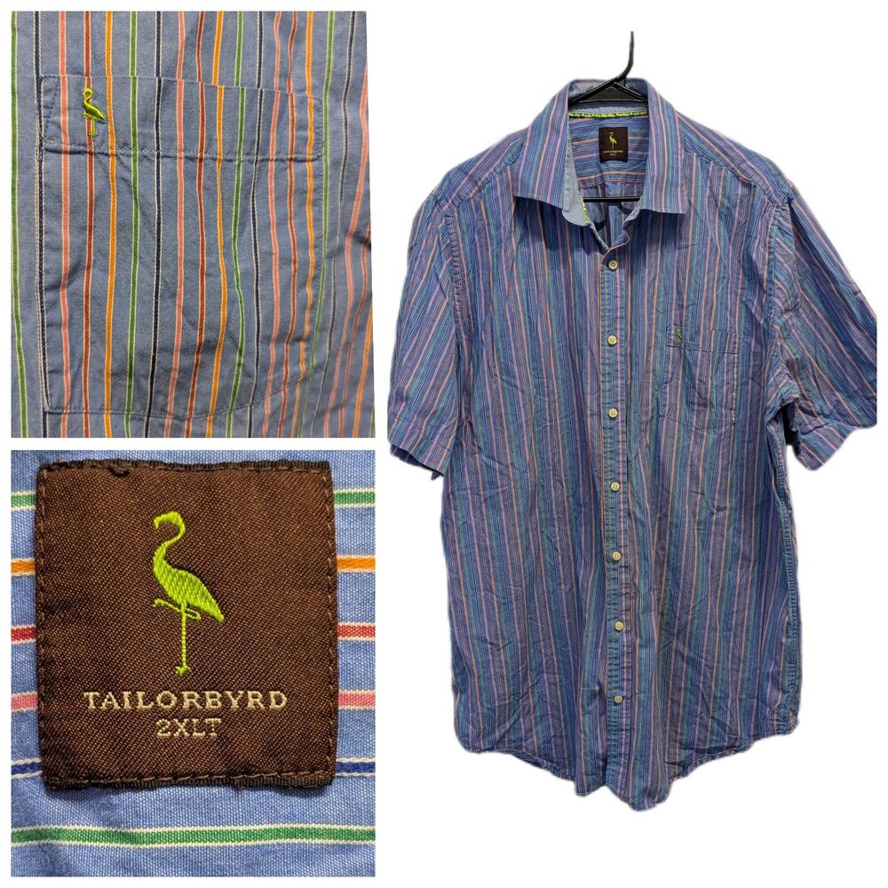 Tailorbyrd Size 2XLT Blue‎ Multicolor Striped Button Front Short Sleeve Shirt